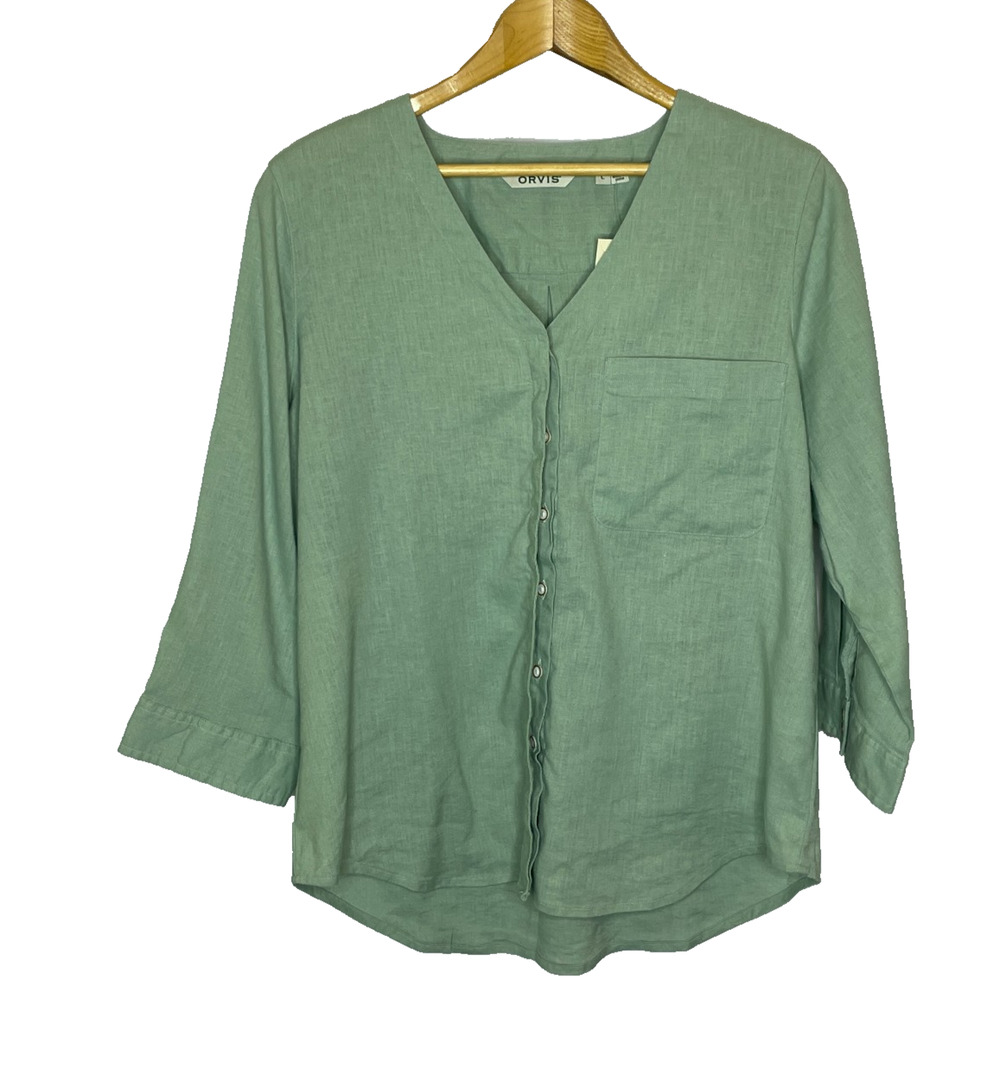 Women's Large Orvis Sage Green Linen Blend Button Down Shirt NWT